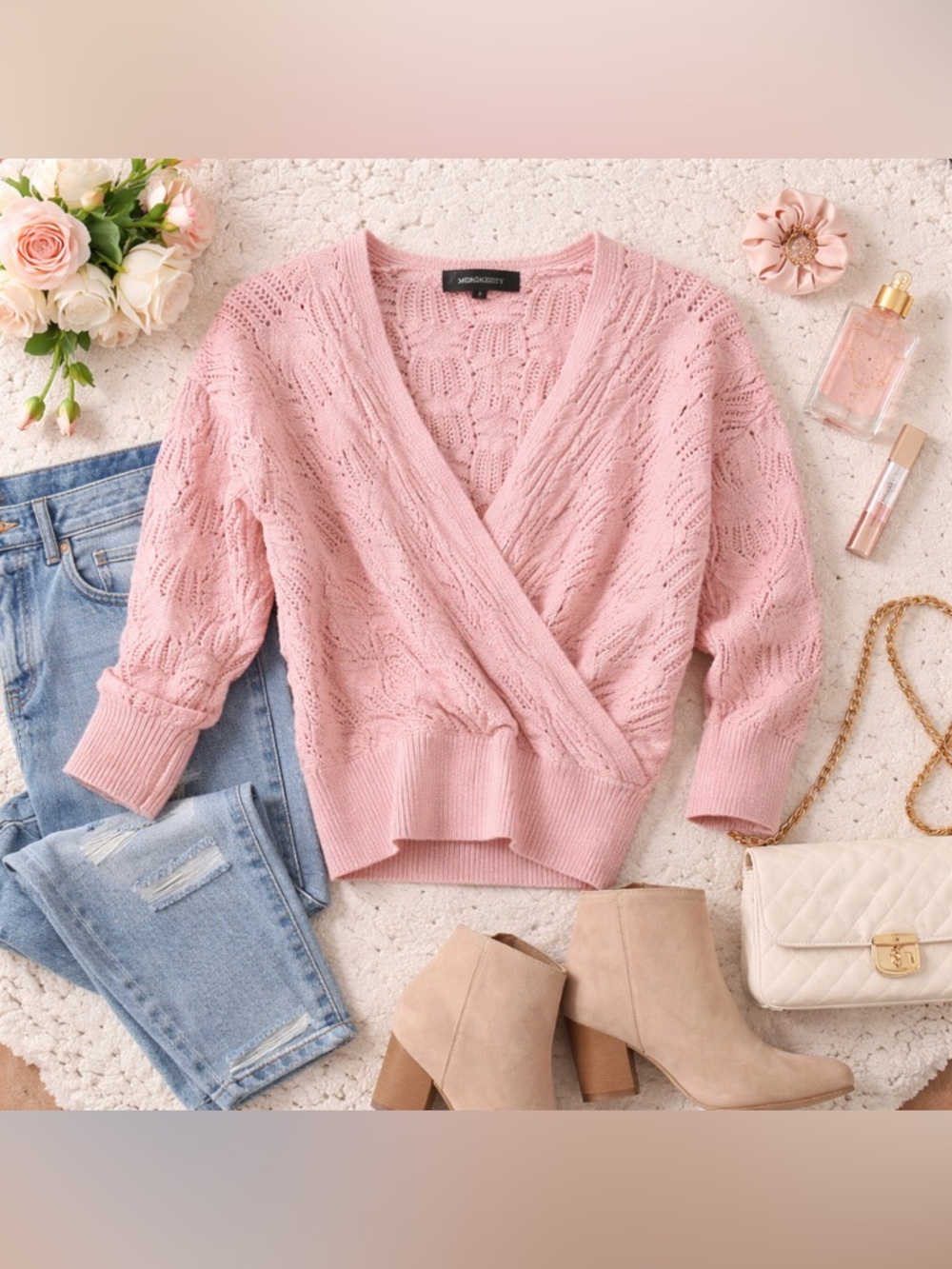 Merokeety Women's Pink Knit V-Neck Sweater Size S